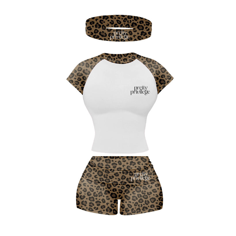White Cheetah Print Set 3piece Short Set